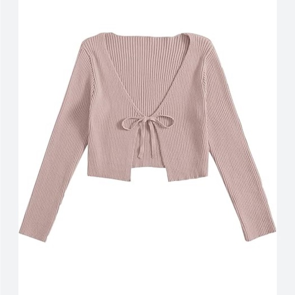 Tops - Ribbed Knit pink Tie-Front Cardigan